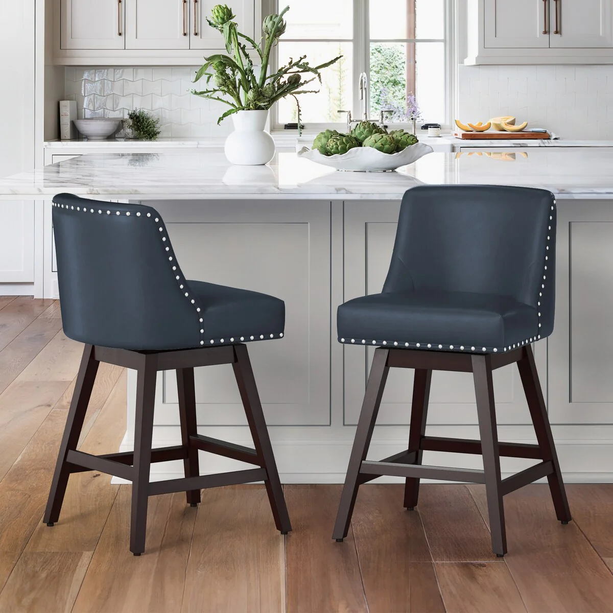 LUE BONA 26 in. Counter Height Upholstered Wood Frame Swivel Bar Stool with Farbic Seat Set of 2 - 19.6D x 19.6W x 37H
