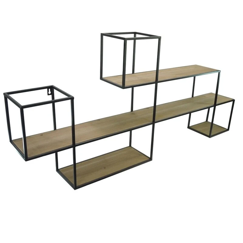 Admired By Nature White Oak Wood Offset Wall-Mounted Metal Hanging Storage Floating Shelves, Black,