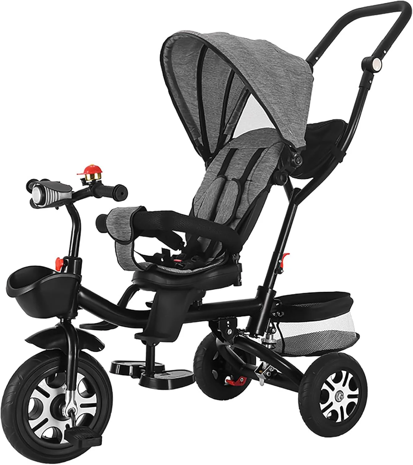 Folding Toddler Tricycle 7 in 1 with Push Handle Rotatable Seat Canopy Guardrail(Gray)