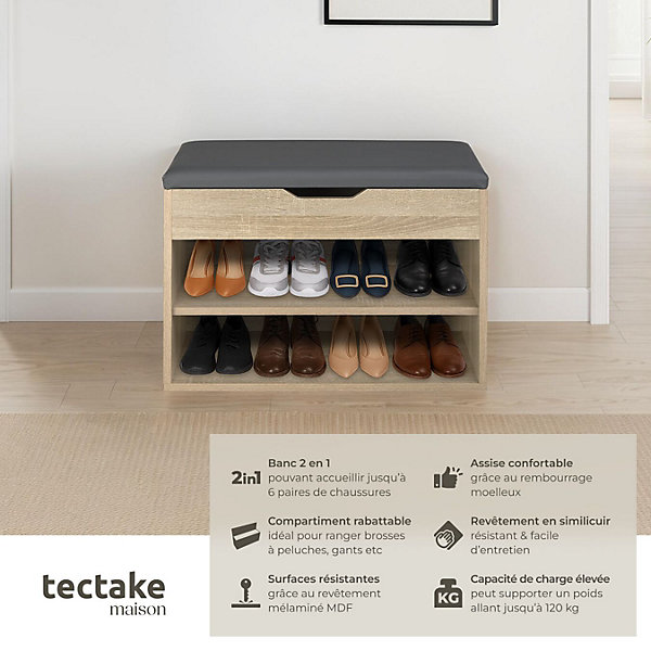 Banc à chaussures 6 paires panneau de fibres rembourré bois clair