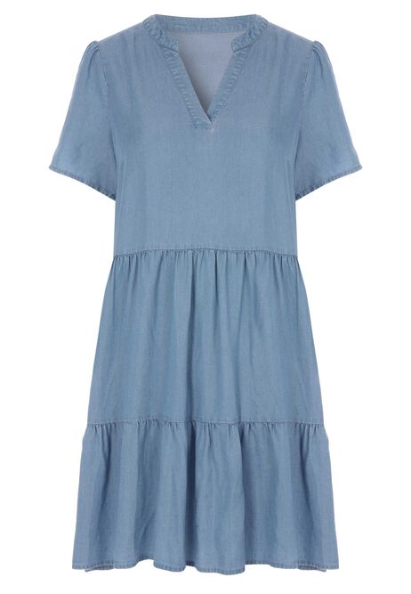 Womens Blue Denim Look Tiered Mini Dress
