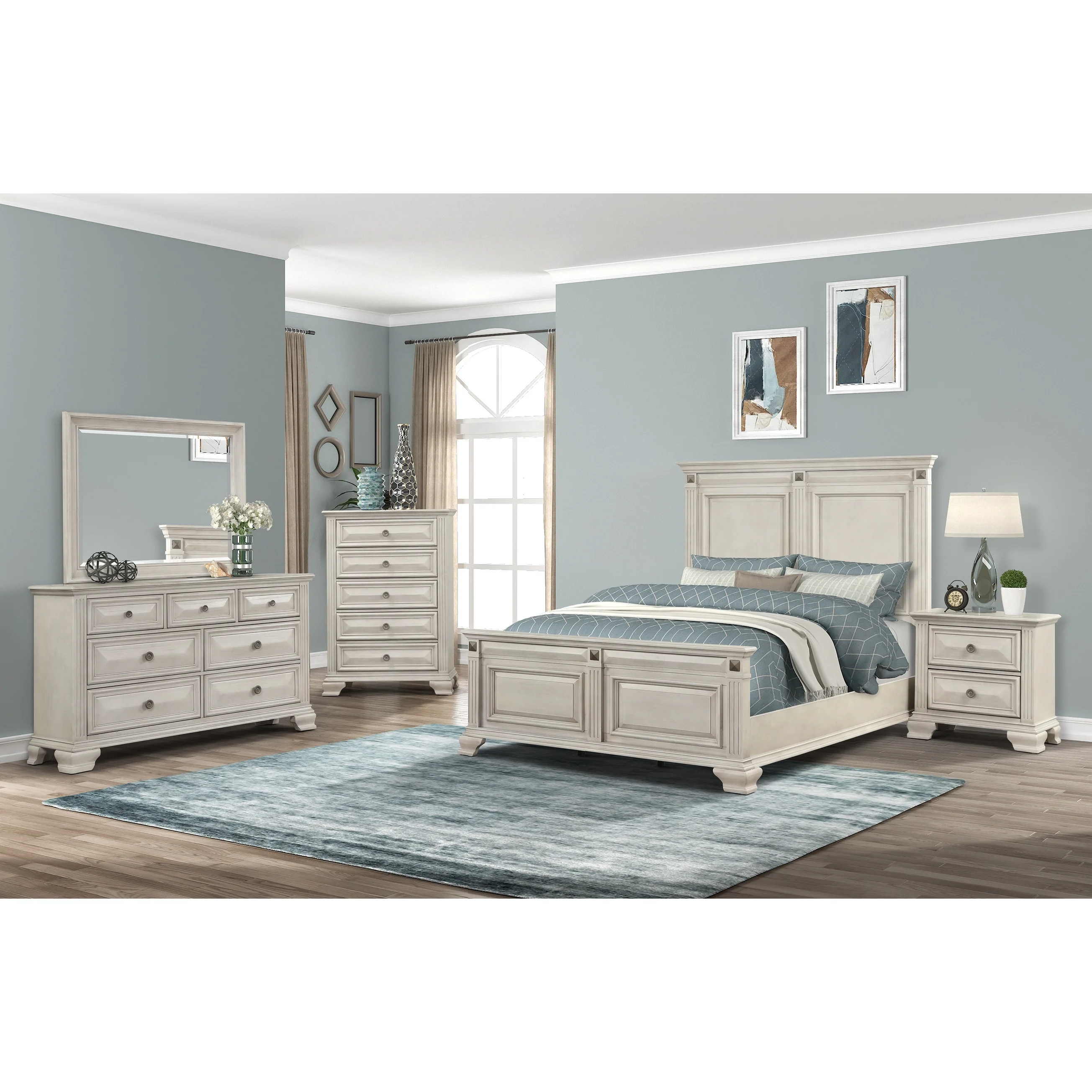Roundhill Furniture Renova Distressed Parchment Wood Bedroom Set with Panel Bed, Dresser, Mirror, Nightstand, Chest