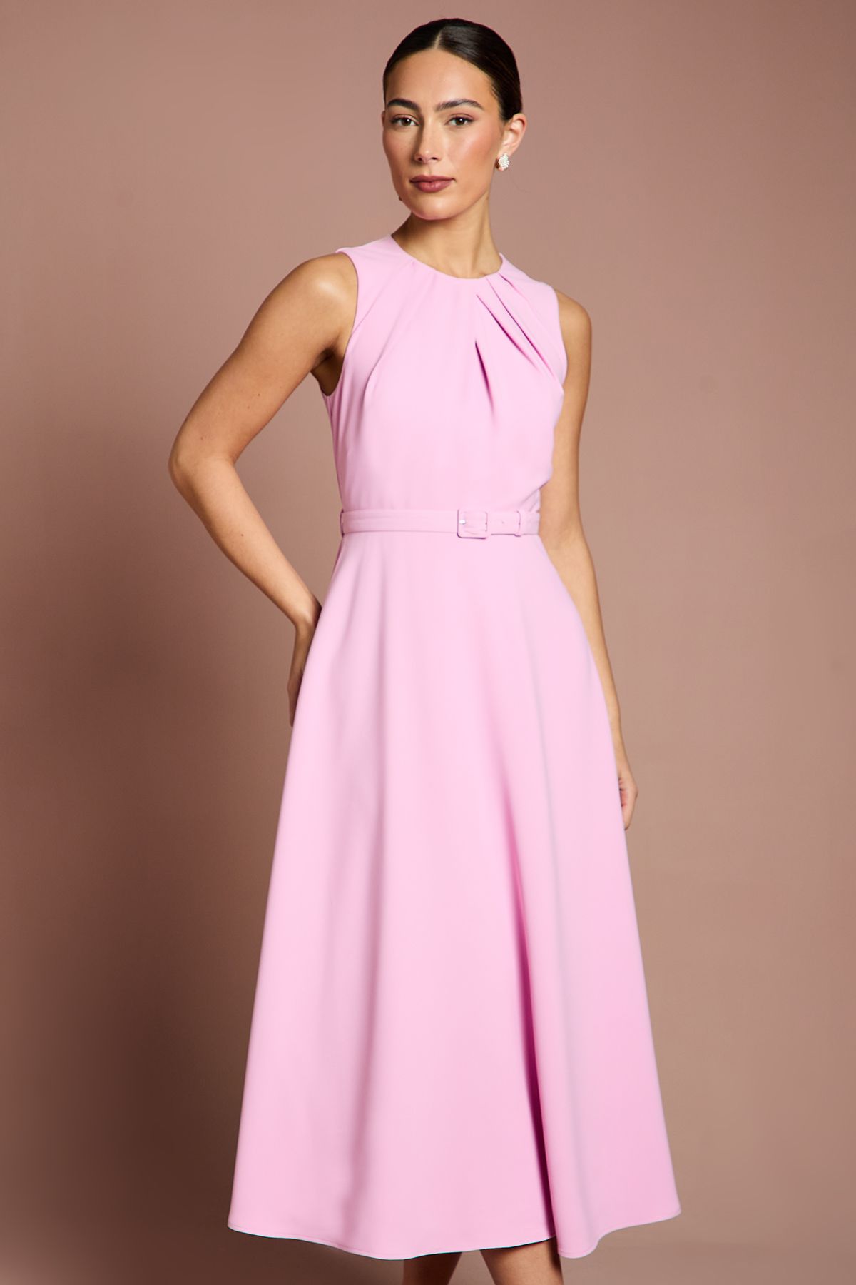 Coast Pleated Neckline Belted Crepe Midi Dress