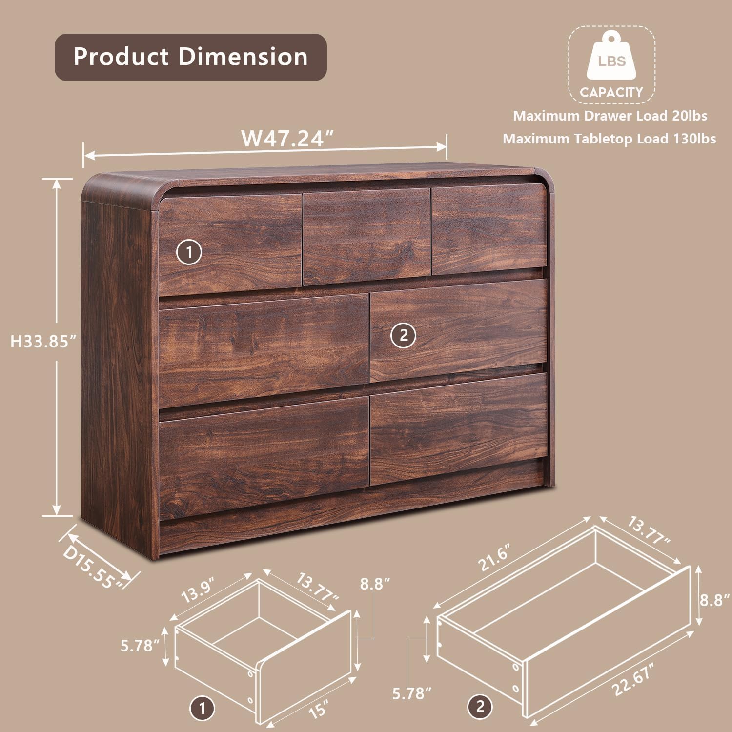 Modern 7 Drawers Dresser for Bedroom, 47 Wide Wood Dressers & Chests of Drawers w/Curved Profile Design, Mid Century Modern Dresser w/Natural Texture for Bedroom, Living Room, Brown