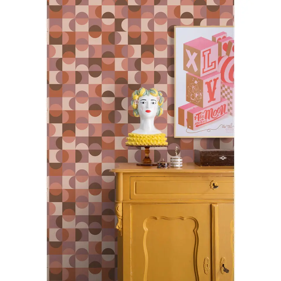 ESTAhome behang cirkels in Bauhaus stijl terracotta, paars en bruin