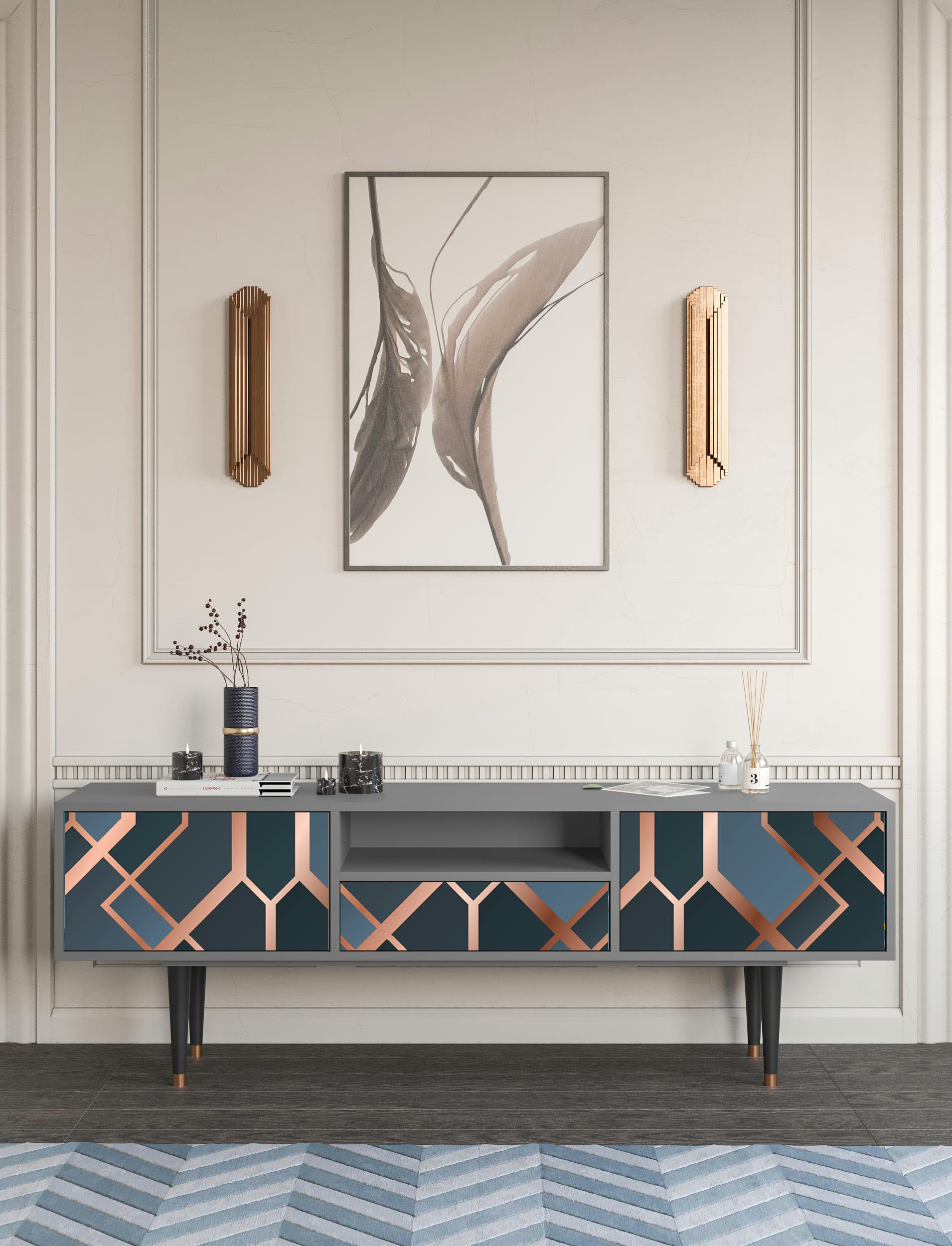 ASHY 1920' - Meuble TV  bleu-vert 1 tiroir et 2 portes L 170 cm