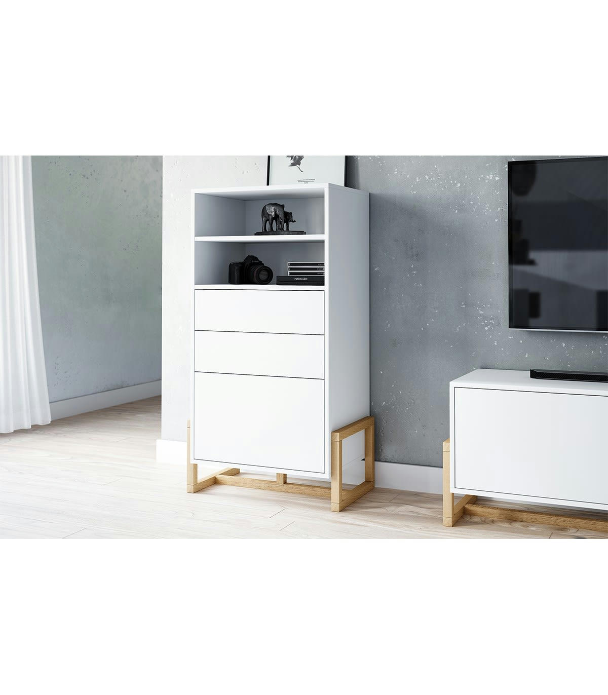 OSLO - Buffet haut 1 porte 2 tiroirs et pieds en hêtre massif L63 cm