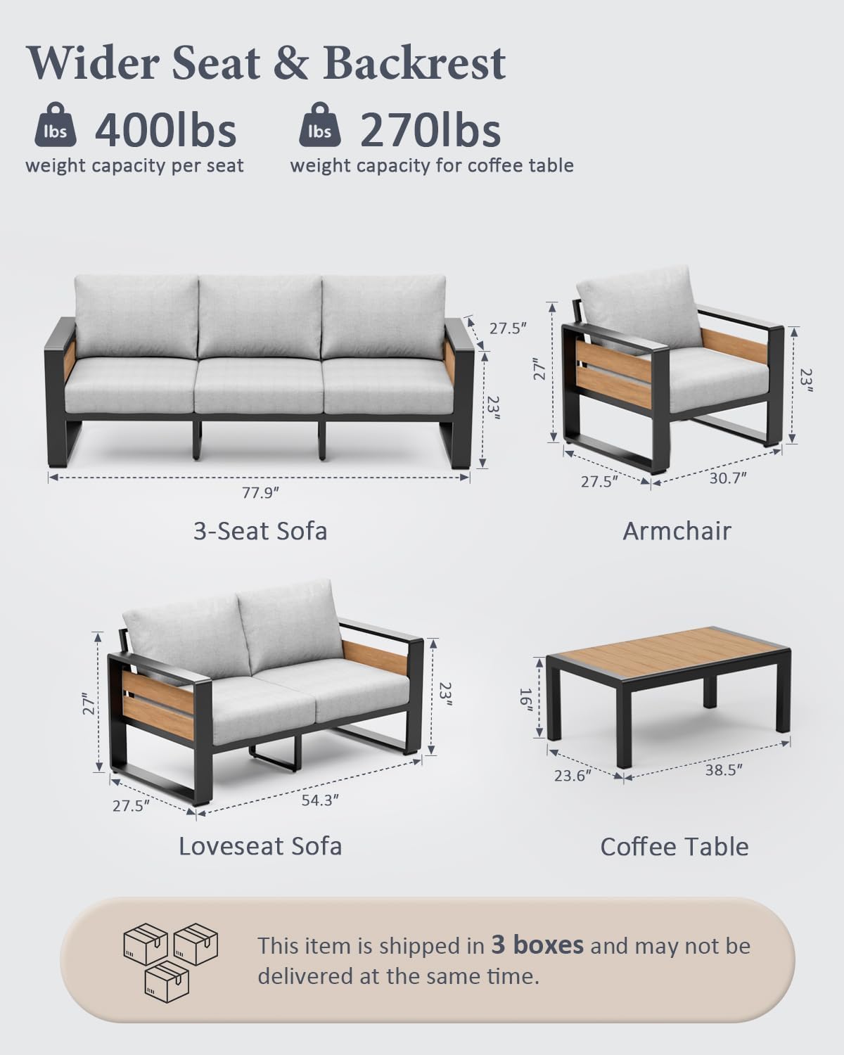 ZANDOR Aluminum Outdoor Patio Furniture - 2 Pcs Armchair  All-Weather Metal Modern Outside Furniture with Washable Thick Cushion for Garden/Backyard/Porch  Grey