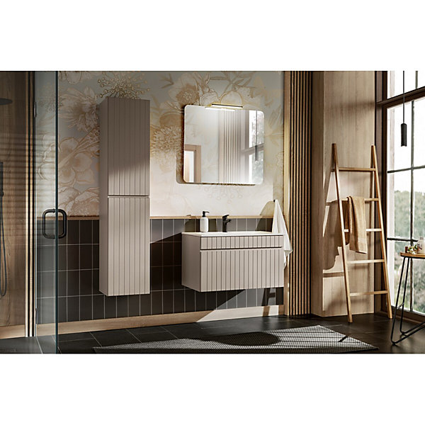 Ensemble ICON : meuble sous vasque 80cm et vasque à encastrer blanche et miroir et lampe LED et colonne