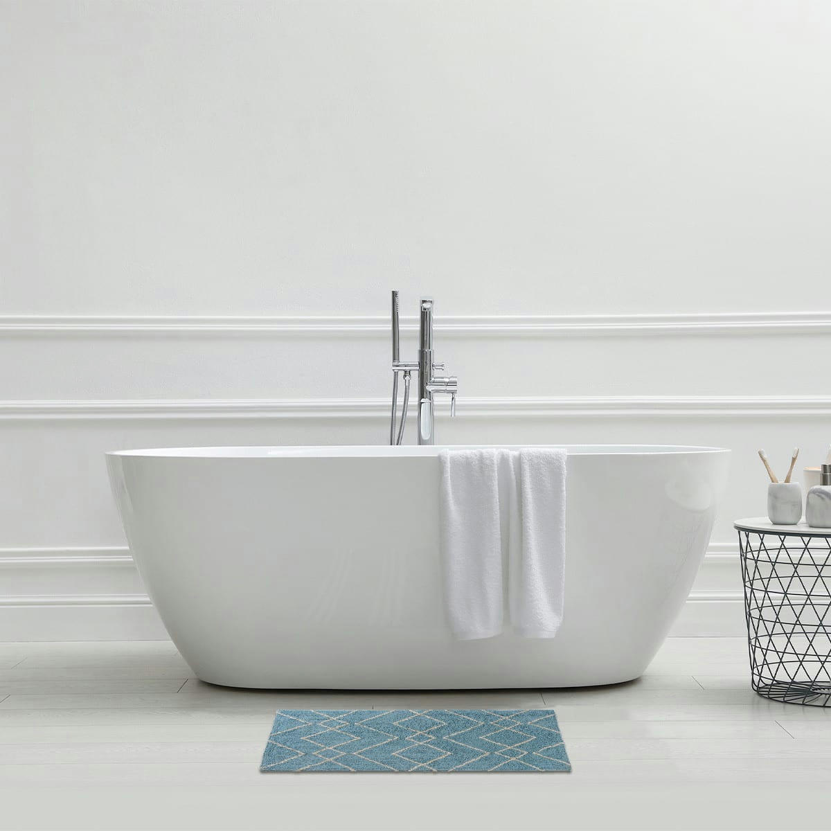 BOHEMIAN - Tapis de bain coton fantaisie bleu 50x80cm