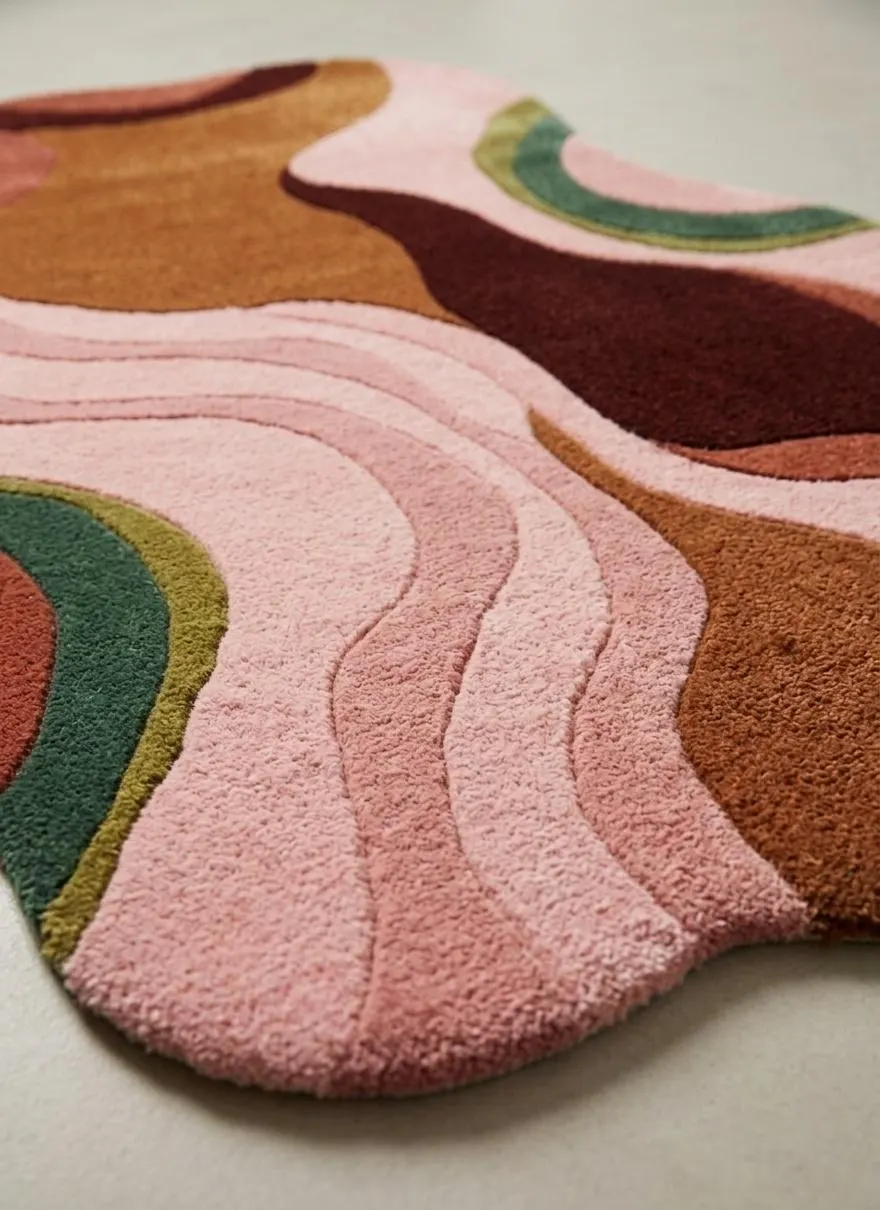 Pink Abstract Hand Tufted Wool Rug, Modern Organic Shape Carpet, 100% New Zealand Wool