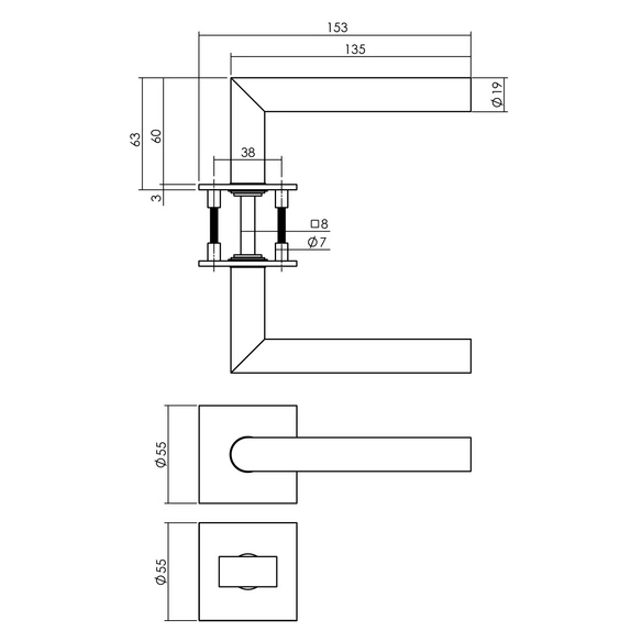 Türdrücker, 55x55x3 mm WC8 mm stift Recht 90 Grad
