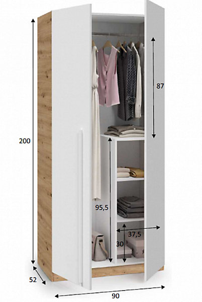 Armoire avec 2 portes en panneaux de particules mélaminés blanc artik/chêne - Longueur 90 x Profondeur 52 x Hauteur 200 cm