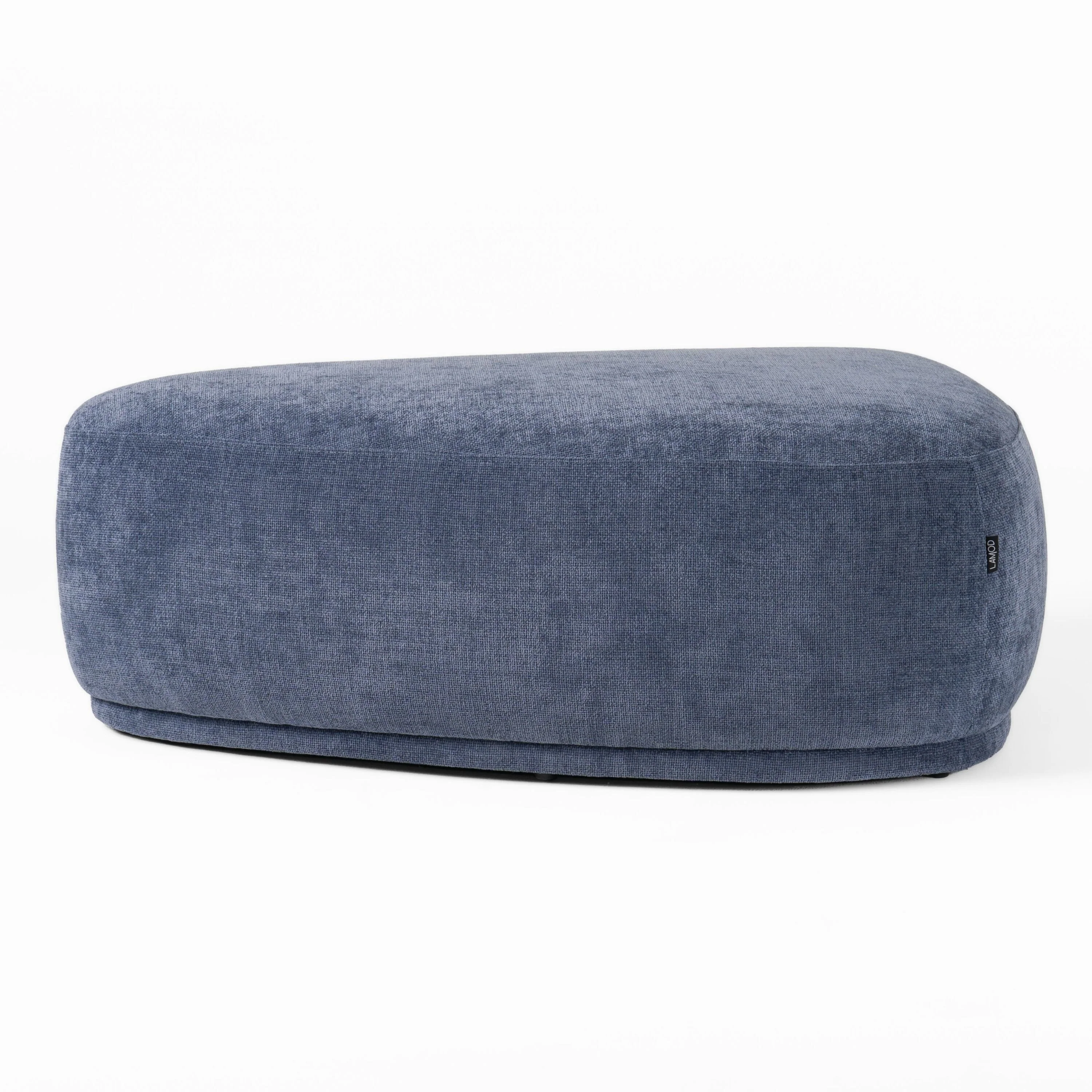 Reno Kini 44 Inch Ottoman, River Rock Shape, Blue Polyester, Wood Frame