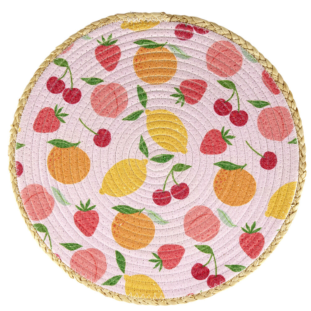 Set de table rond coton et paille fruits rose Ø35cm