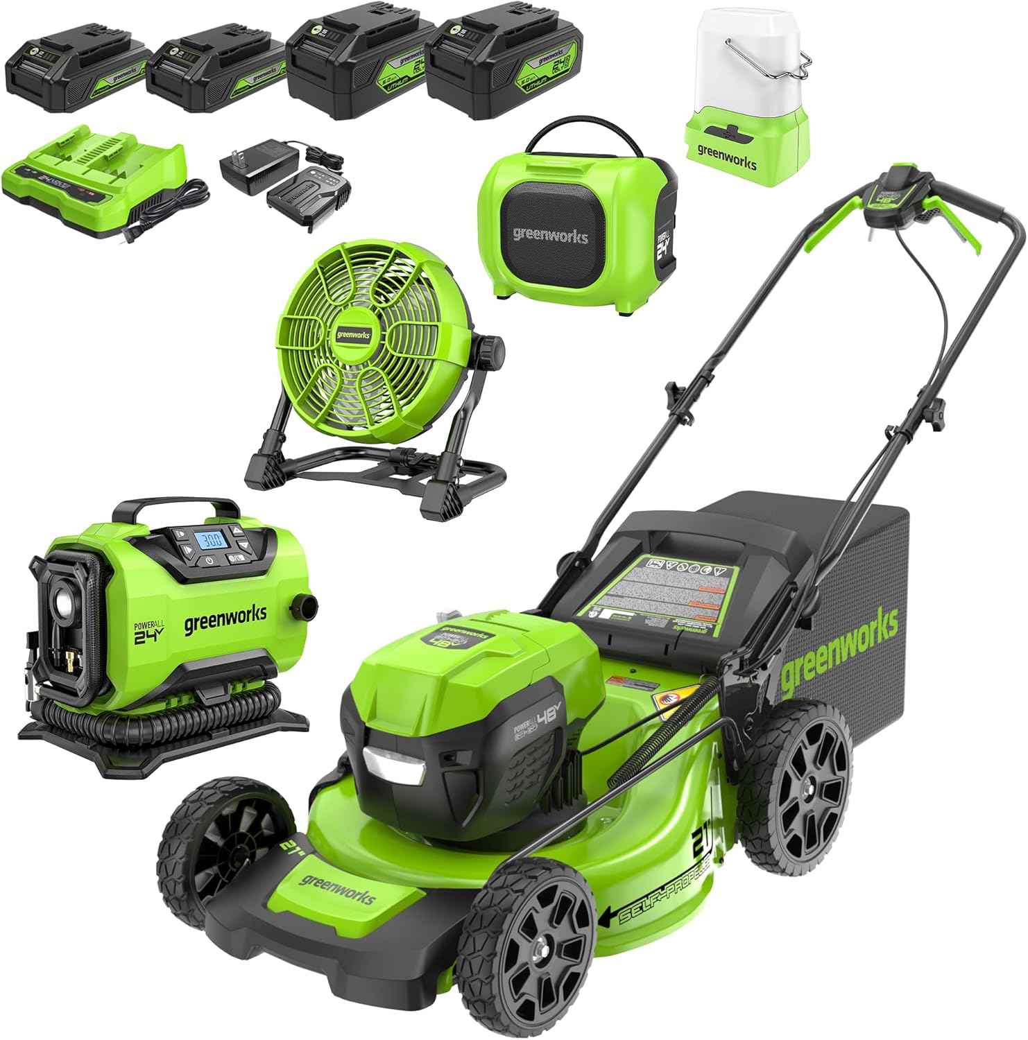 Greenworks 48V (2x24V) 21 Brushless Self-Propelled Mower 500 Lumen Lantern Fan Mini Bluetooth Speaker Inflator Combo Kit (2) 5Ah &(2) 2Ah Battery &2 Charger