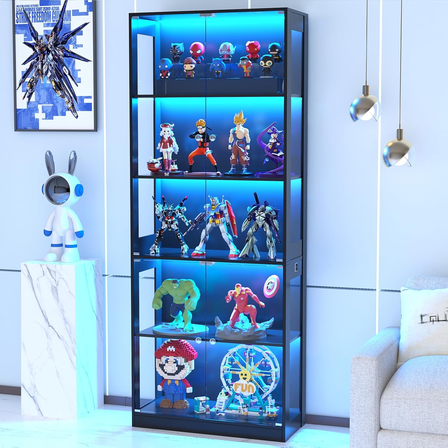 VOWNER 80'' Display Cabinet with Glass Door, 5-Tier Curio Cabinet for Collectibles Trophy, Glass Display Case with Human Body Sensor, 3 Color Lights, Bookcase Storage Cabinets for Living Room, Study