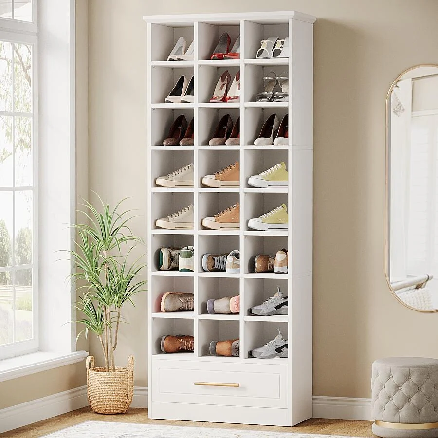 70.9-Inch Shoe Storage Cabinet, Tall Wooden Shoe Rack with 24 Cubbies and Drawer for Closet, Entryway, Living Room
