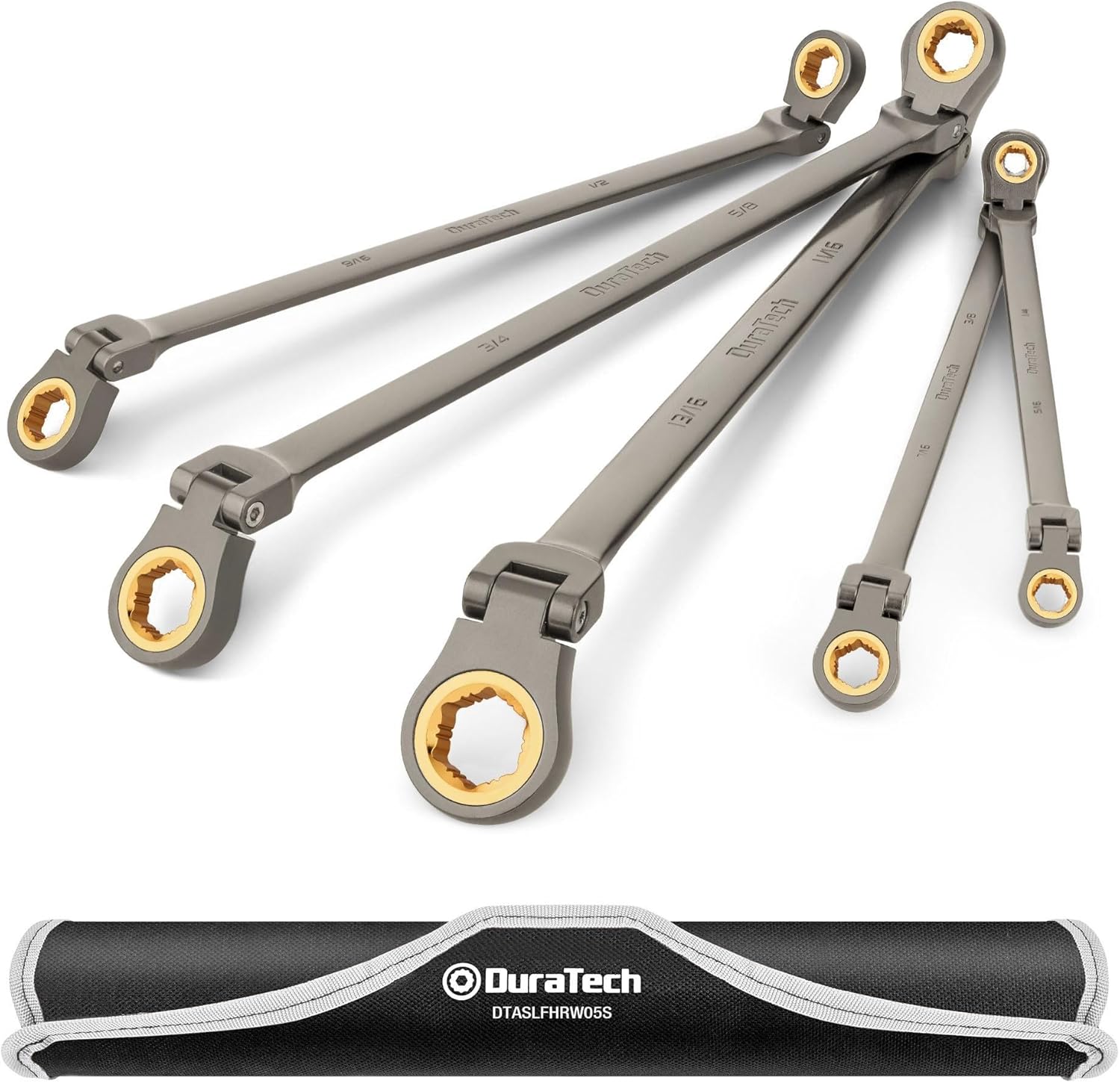 DURATECH Extra Long Anti-Slip Ratcheting Wrench Set, Double Box End Wrench Set, 5-Piece, SAE, 1/4 -13/16 , 72-Teeth, CR-V Steel, Grey Nickel Plating with Rolling Pouch