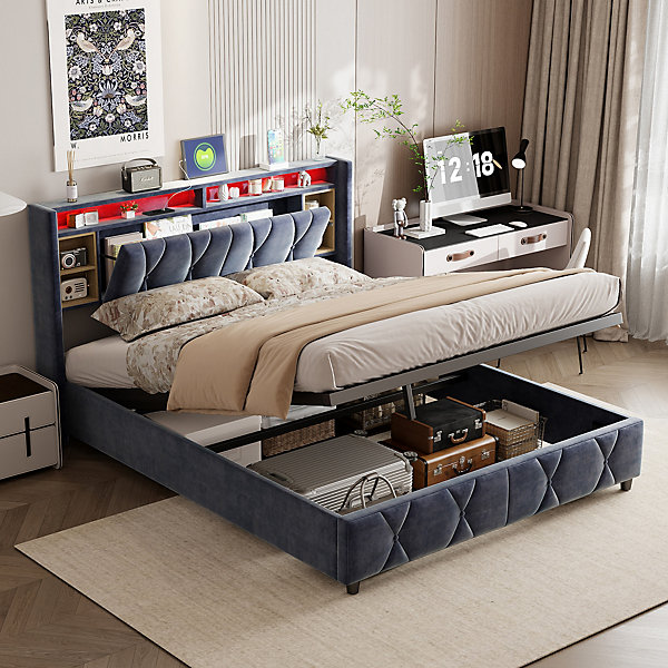 Lit Coffre 140x200 cm avec USB et Rangement, Lit Double avec Tête de Lit Rangement, Velours