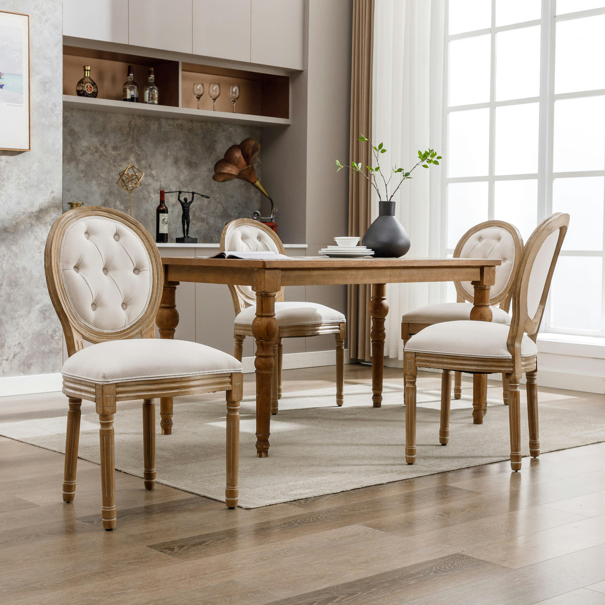 - Lot de 4 chaises lin crème médaillon pieds en bois massif