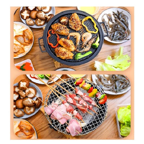 SOGA 2X Small Cast Iron Round Stove Charcoal Table Net Grill Japanese Style BBQ Picnic Camping with Wooden Board