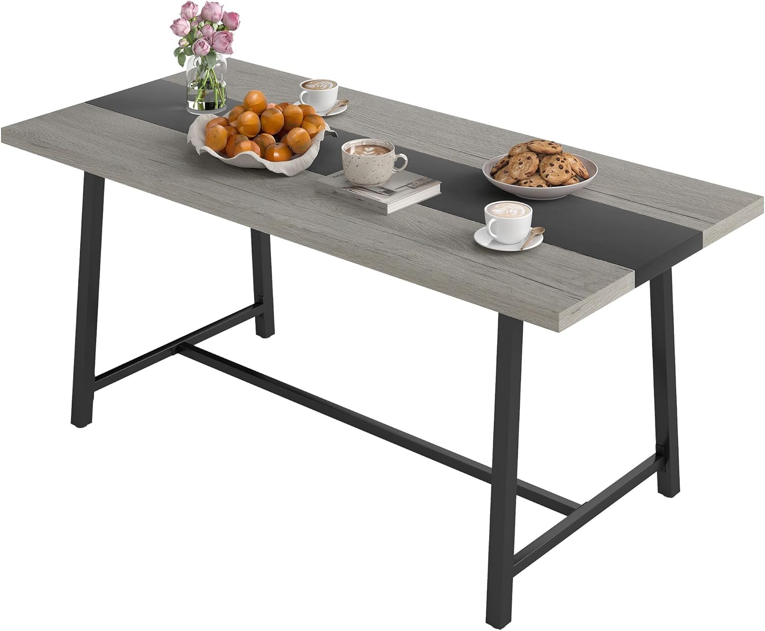 HOMCOM Industrial Dining Table for 8 People, 70.9 Long Rectangular Kitchen Table with Large Tabletop and Steel Legs for Dining Room, Distressed Gray