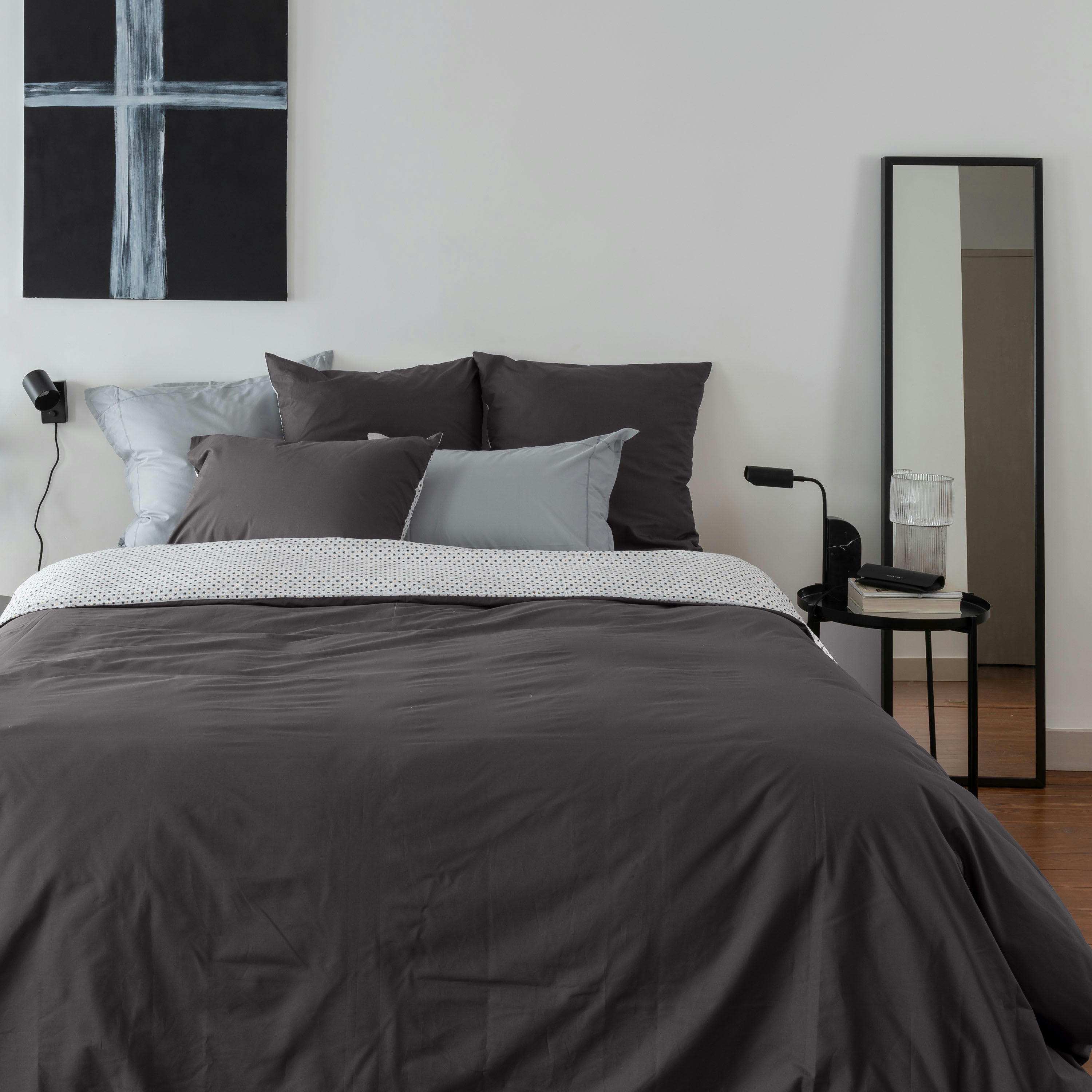 NEO - Housse de couette Anthracite Geometrique imprimé gris 140 x 200 cm