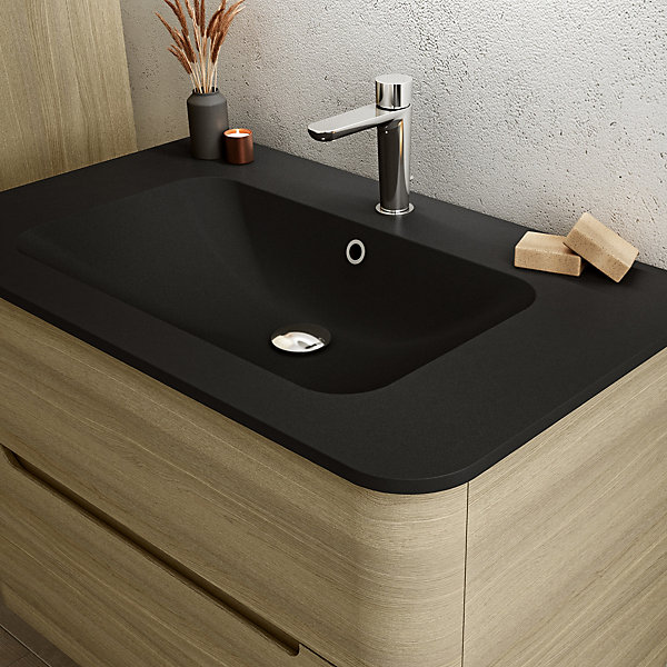Ensemble salle de bains L. 84 cm meuble sous vasque décor chêne clair   plan vasque noir mat Alba