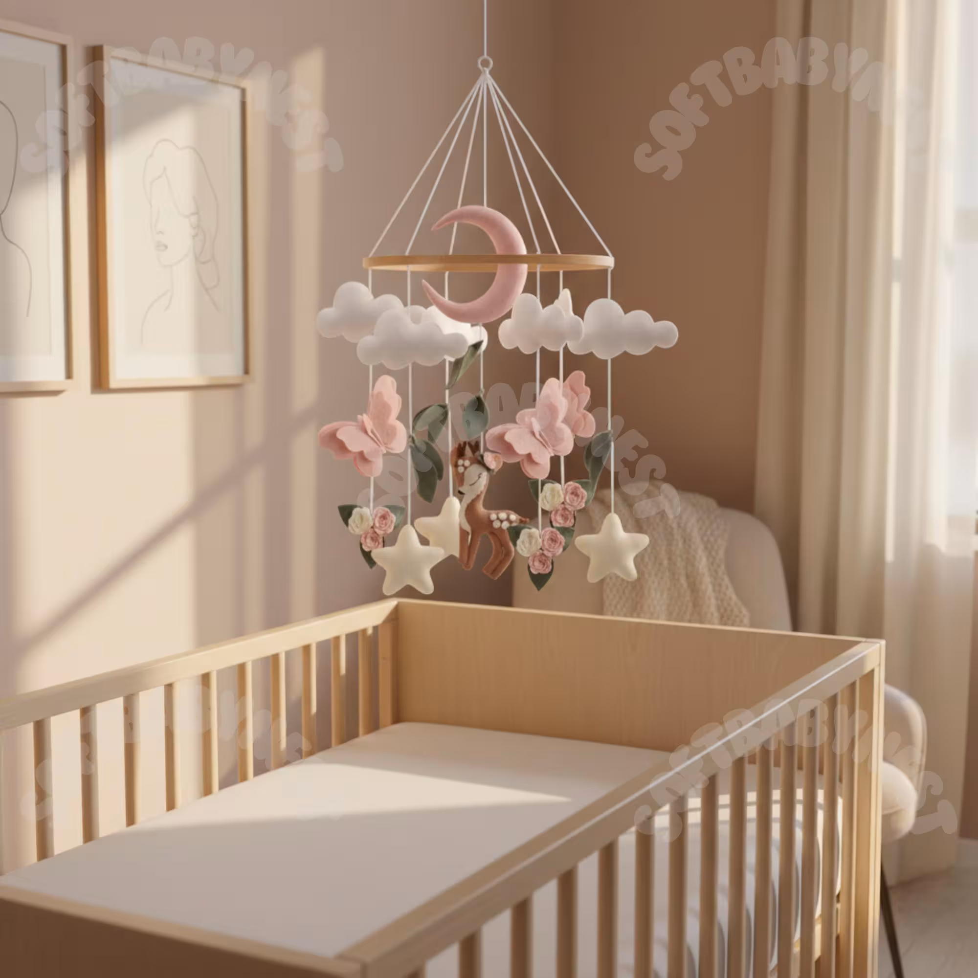 Woodland Deer Baby Mobile for Nursery Decor, Baby Girl Crib Mobile, Felt Flower & Butterfly, Baby Shower Gift, Cot Mobile