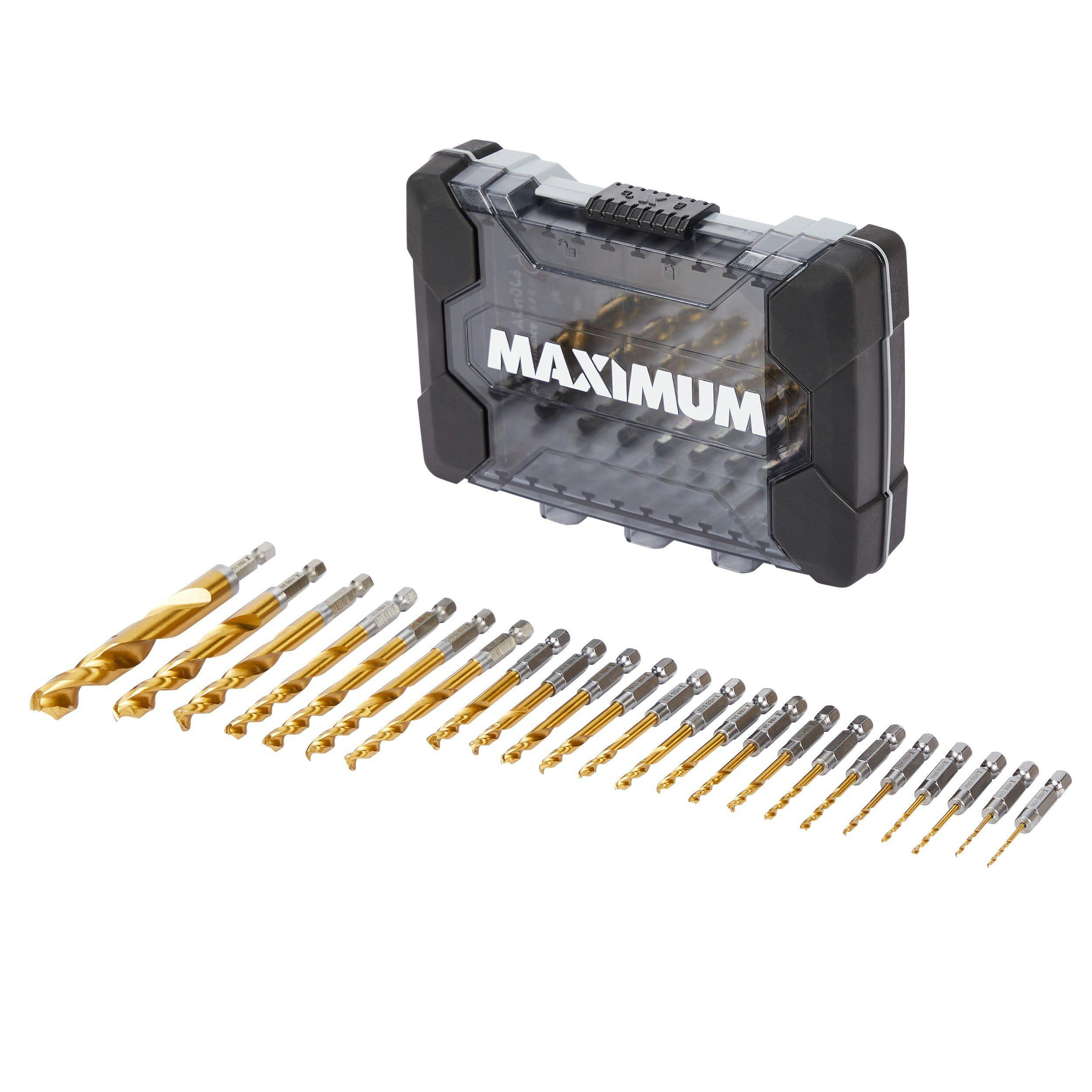 MAXIMUM Precision Point Impact 7-Edge Titanium Drill Bit Set for Wood, Metal, Plastic, 23-pc