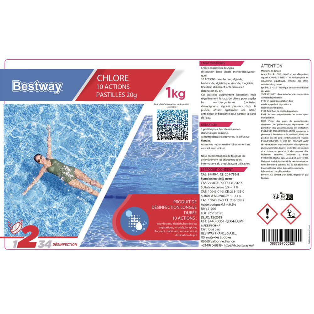 Chlore multiactions piscine 1kg pastille 20gr