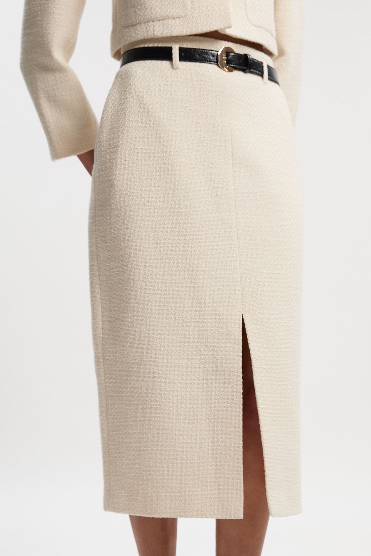 KarenMillen Textured Tweed Belted Tailored Pencil Skirt