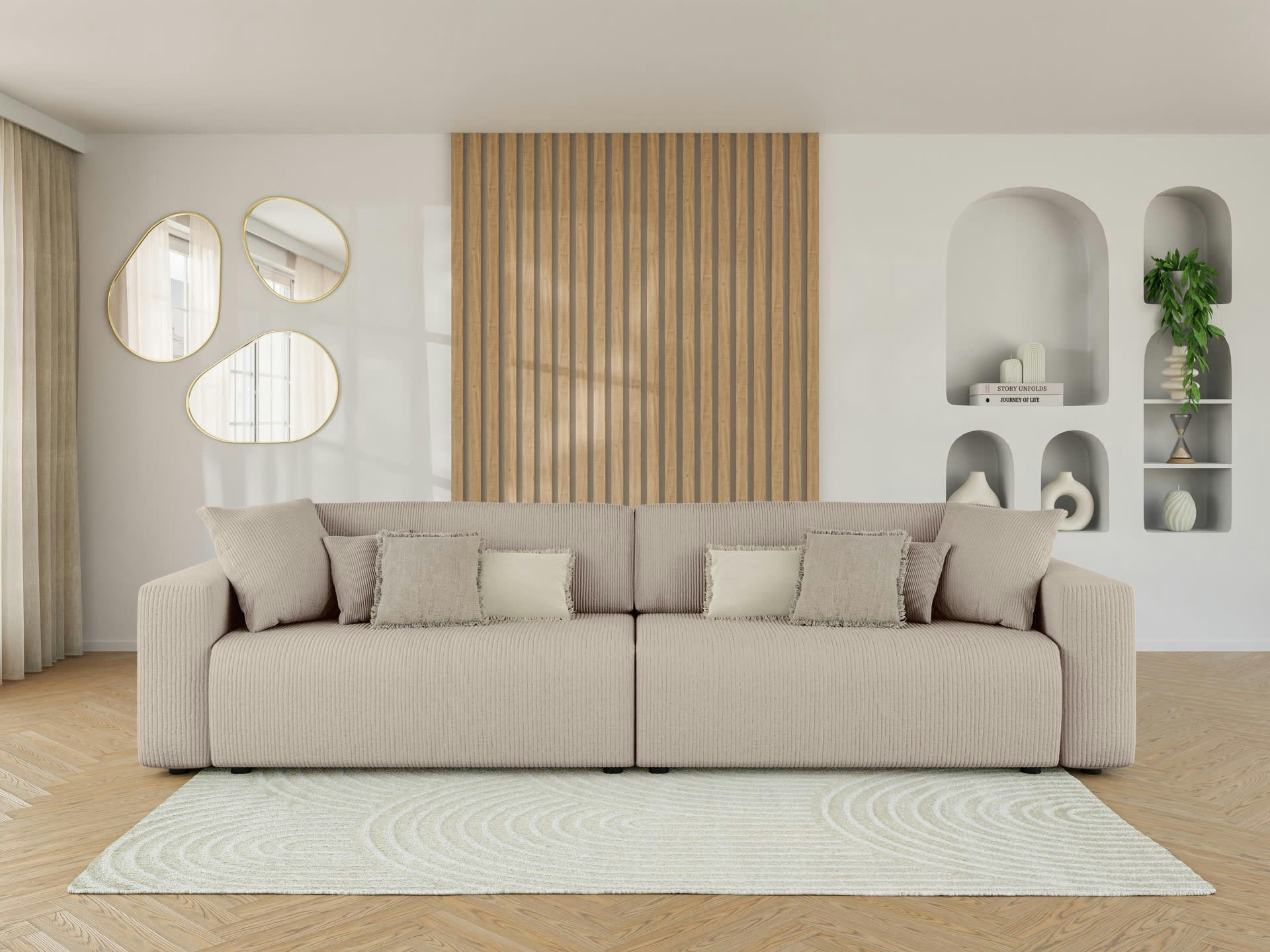 LEO - Canapé droit XL convertible en velours côtelé 5 places grège