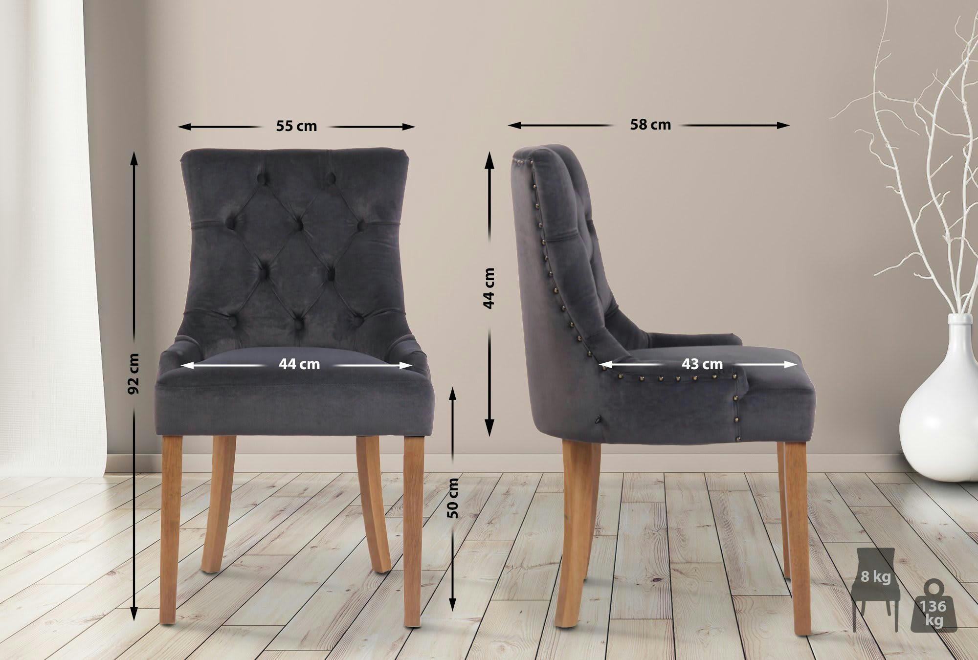 ABERDEEN - Chaise de salle à manger matelassée en velours Gris foncé