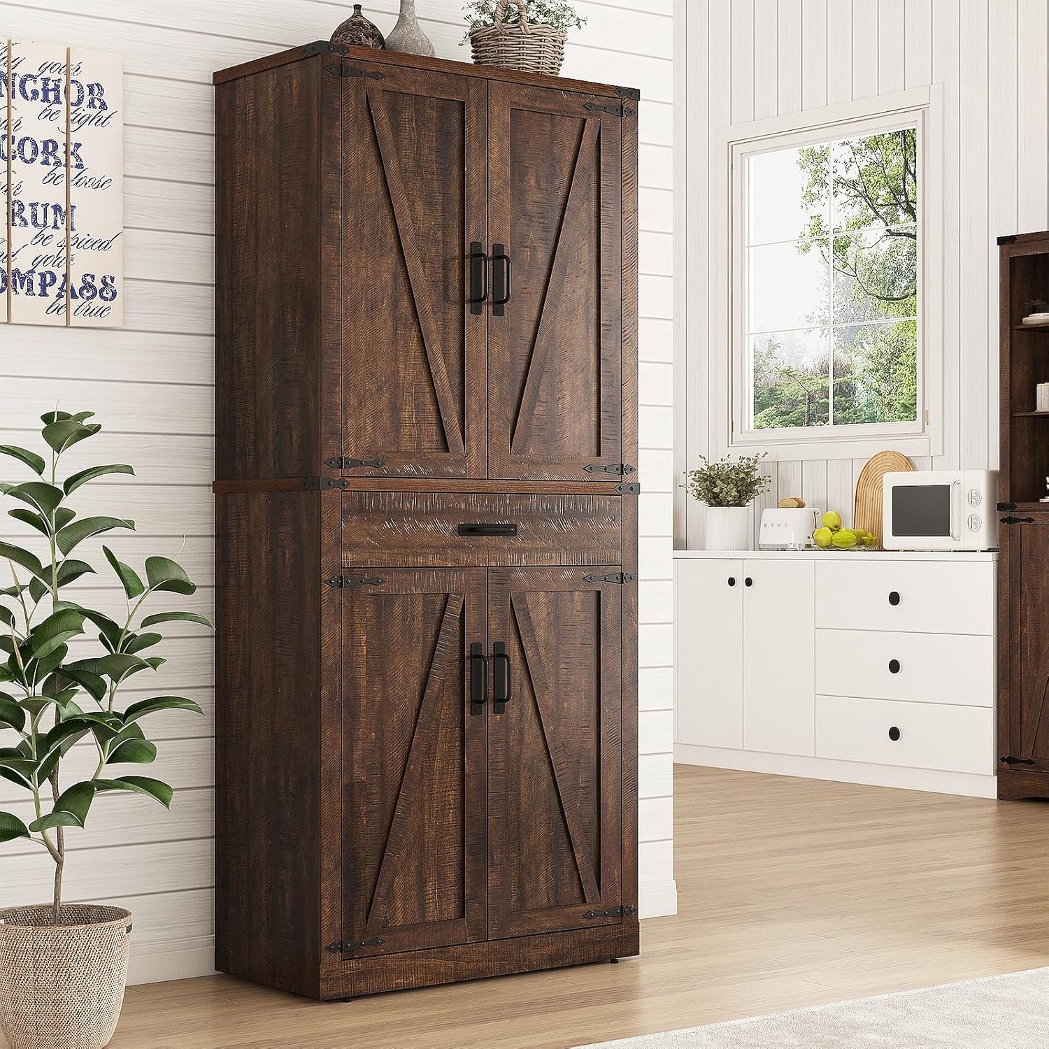 72 Tall Farmhouse Kitchen Pantry Cabinet with Drawer, Rustic Wood Cupboard Storage Cabinet w/Organizer and 4 Barn Doors, Storage Cabinet for Kitchen, Dining Room, Living Room, Brown