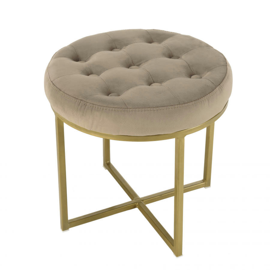 ALBANE - Tabouret velours taupe avec boutons pieds croisés métal doré