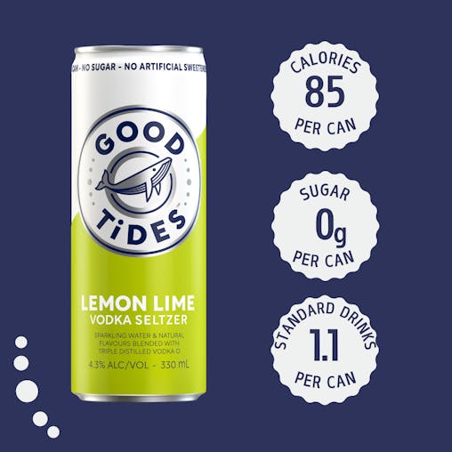 Good Tides Hard Seltzer Lemon Lime, Zero Sugar, Low Calorie, Refreshing Spritzed Drink, 4.3% ABV, 330mL (Case of 24 Cans)