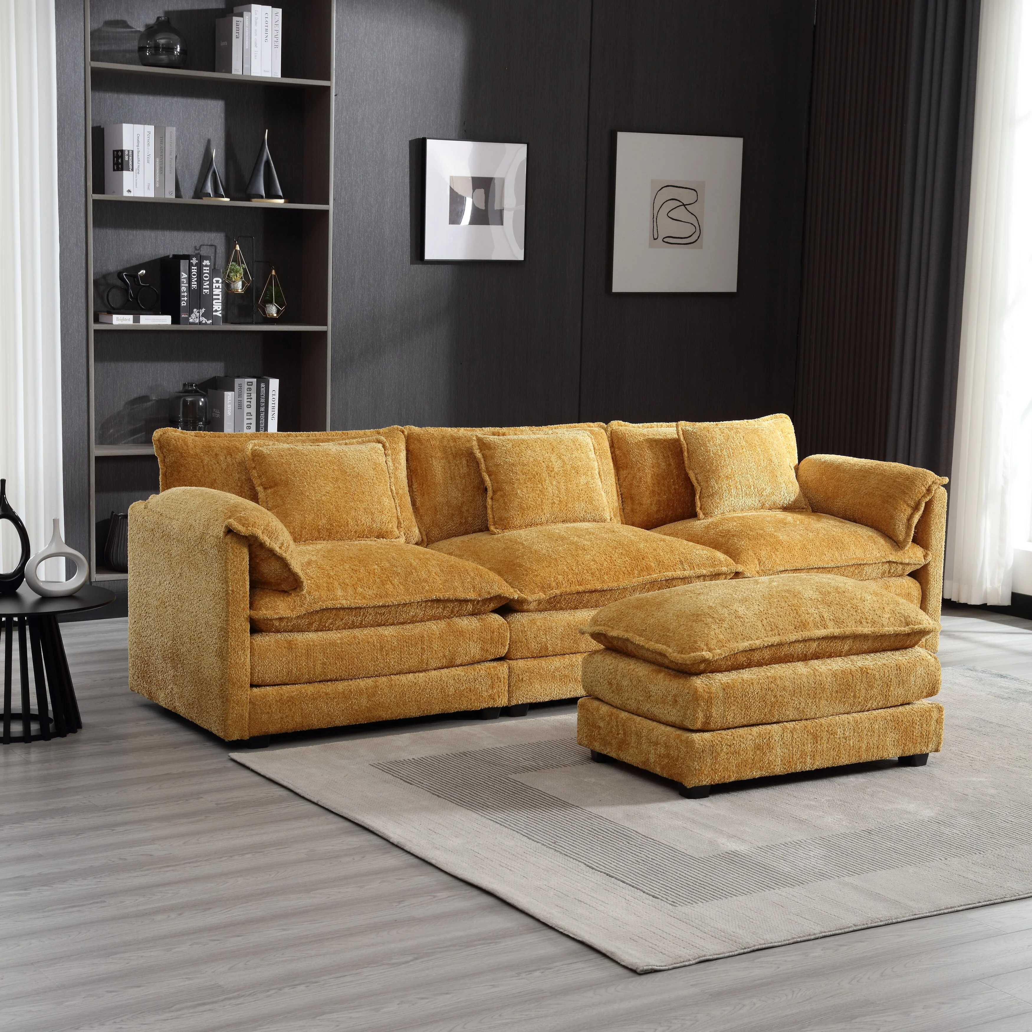 Yellow 112.2'' L-Shaped 4-Seater Sectional Sofa in Modern Boucle Fabric with Removable Cushions and Detachable Armrests