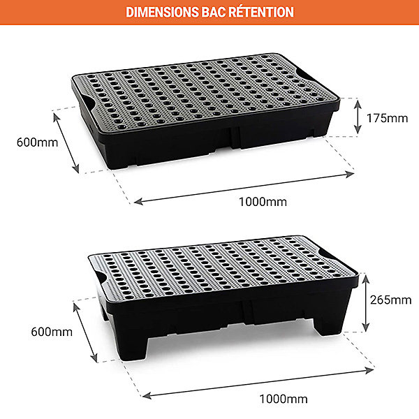 Bac de rétention 60 L avec pieds - Avec caillebotis - ST2-60-BK-BK