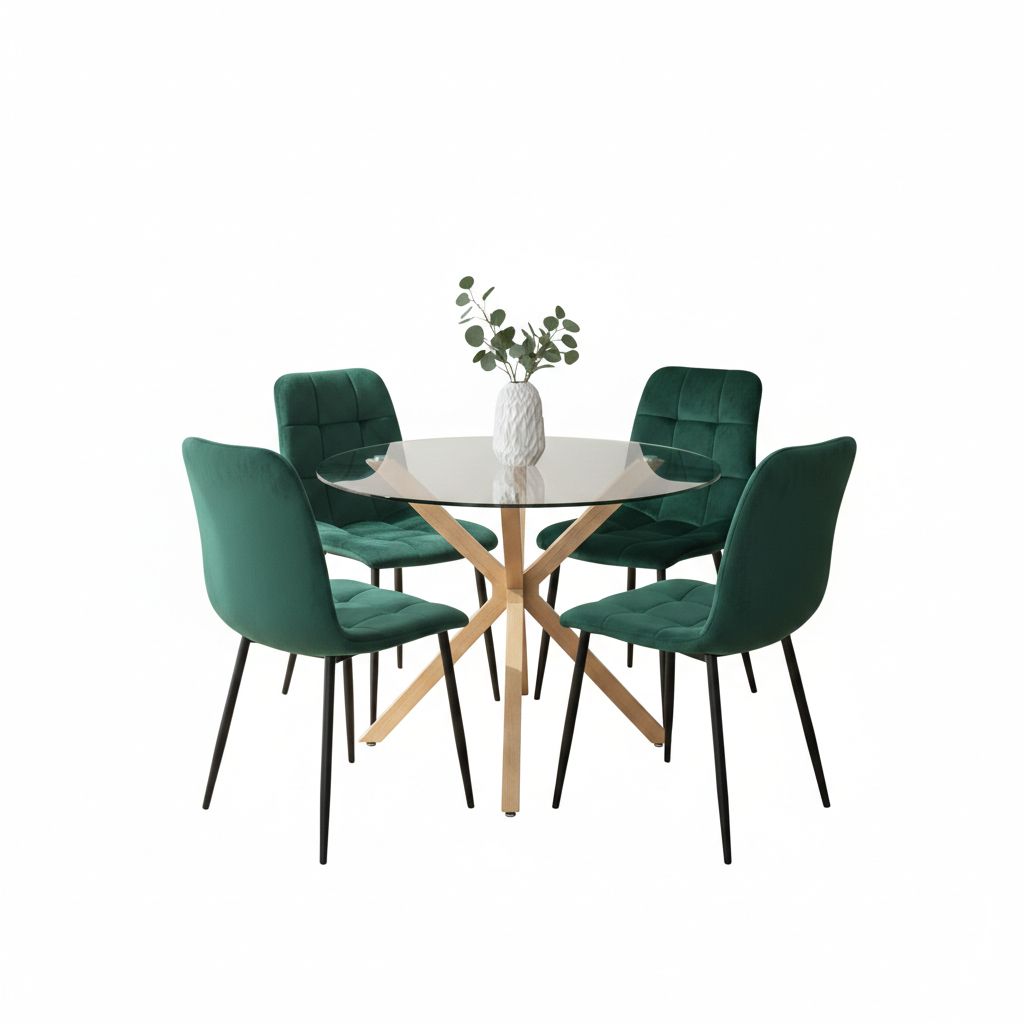 KOSY KOALA Round Glass Dining Table With 4 green velvet Chairs Dining Furniture