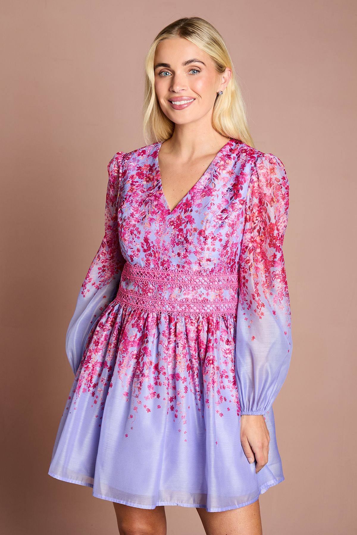 Coast Petite Organza Floral Placement Lace Trim Mini Dress