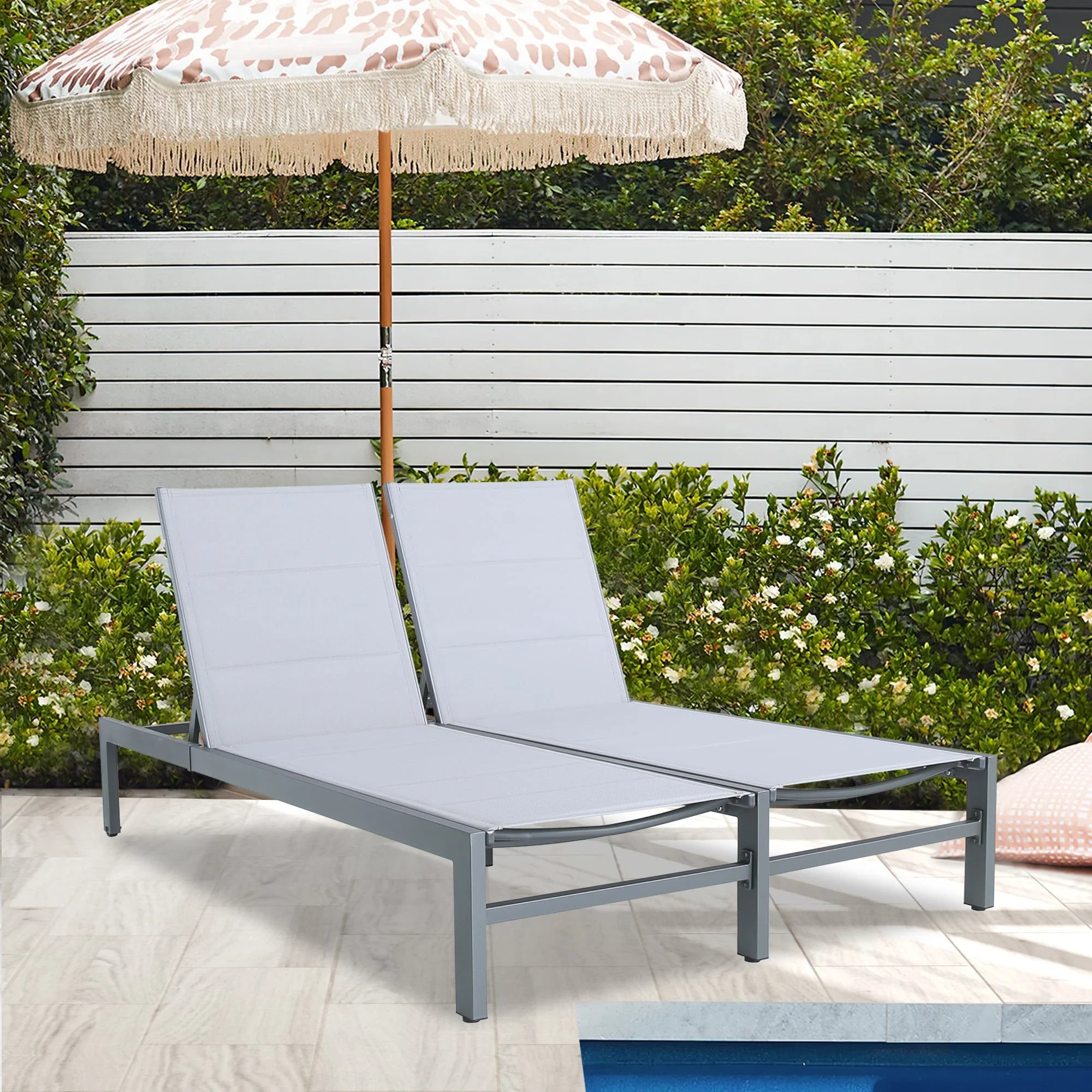 Double Chaise Lounge Outdoor Aluminum Adjustable Back Recliner Chair