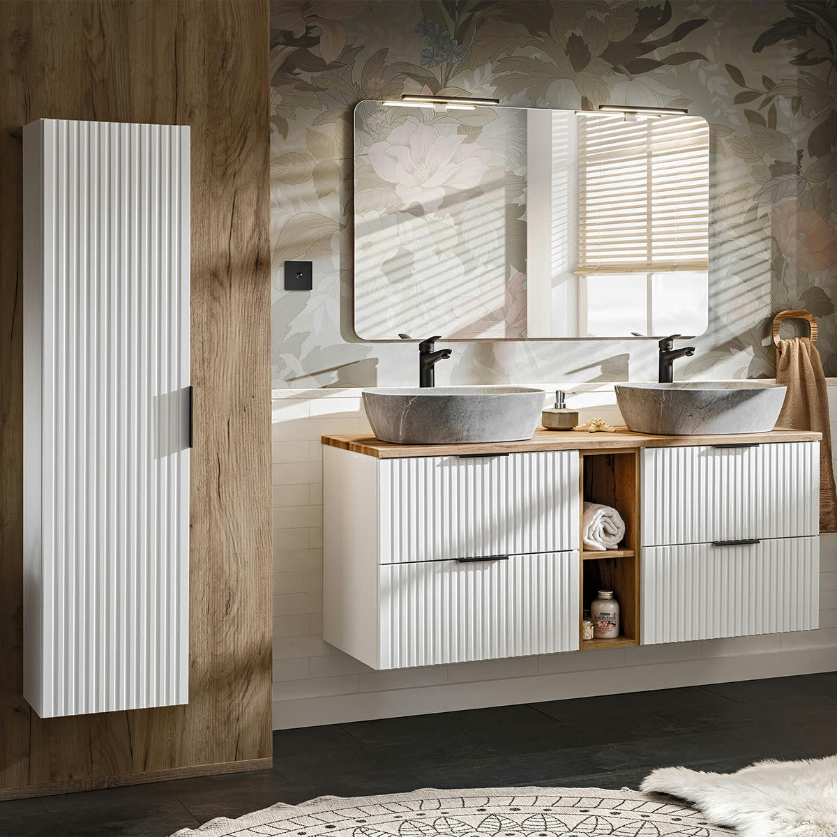 - Ensemble meuble double vasque 140cm et colonne stratifiés blanc