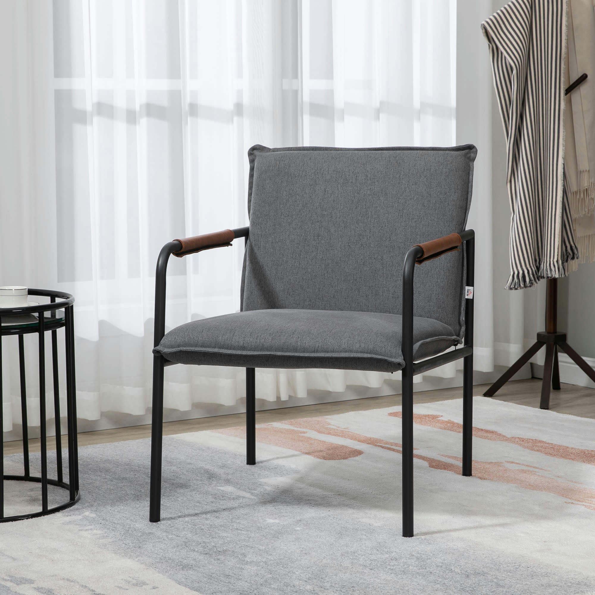 - Fauteuil lounge style néo-rétro structure acier tissu aspect lin gris