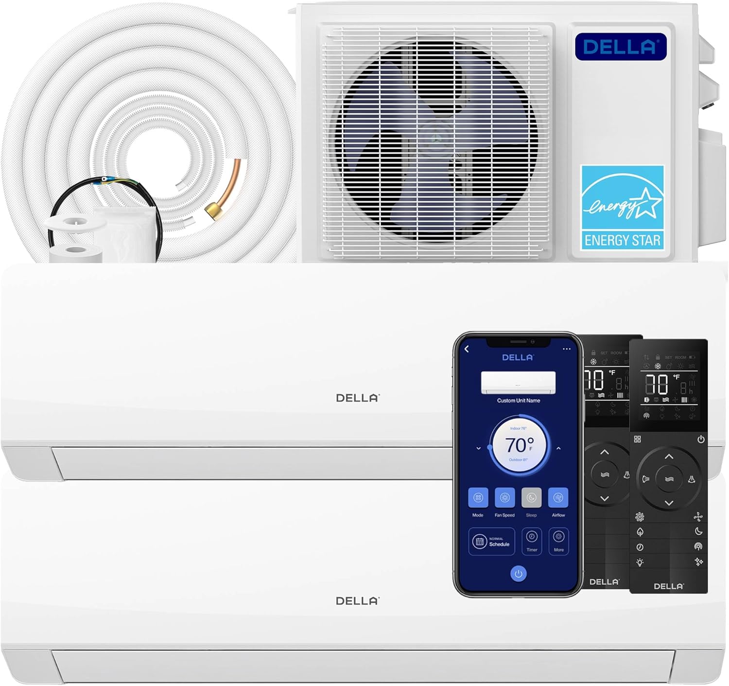 DELLA 18K BTU 2 Zone 9000 9000 BTU Mini Split AC & Heat Pump, Energy Star 22 SEER2 Inverter 230V Ductless AC System for Rooms up to 800 Sq.Ft, WiFi & Voice Control, Pre-Charged, 16.4ft Install Kit