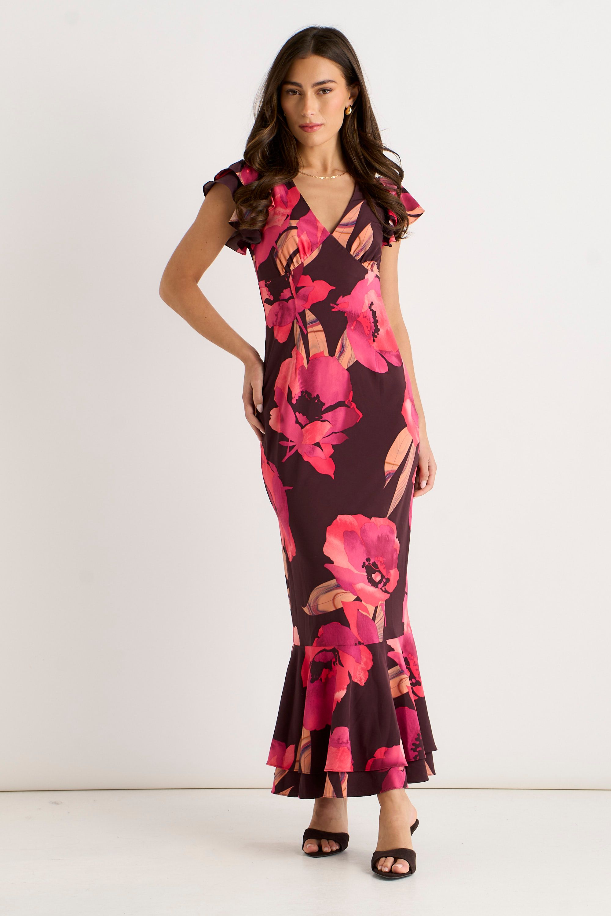 Gini London Brown Ruffle Sleeve Floral Maxi Dress