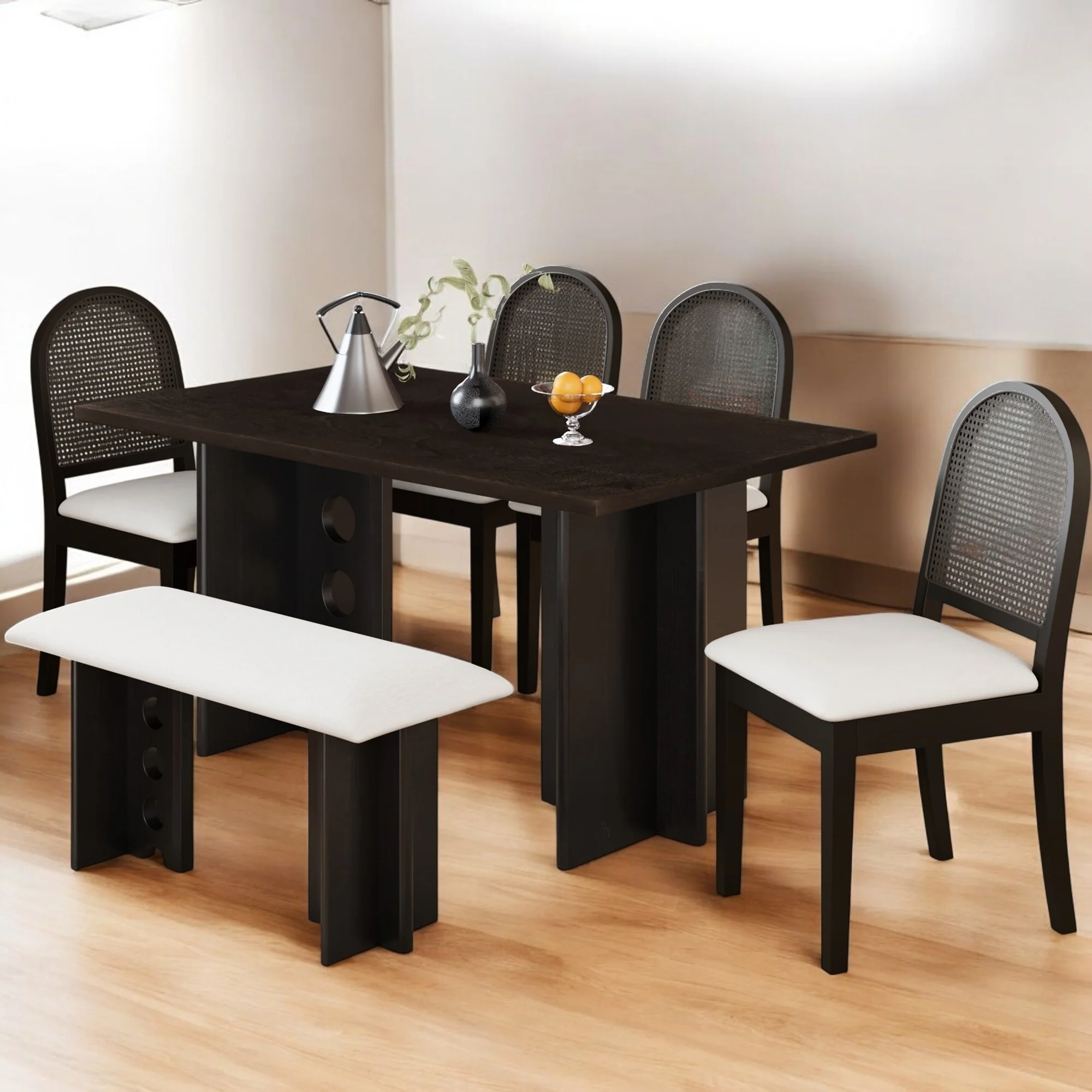 6-Piece Dining Set with Double Pedestal Table, Rattan Back Chairs & Bench, Solid Wood Kitchen Table Set for Dining Room