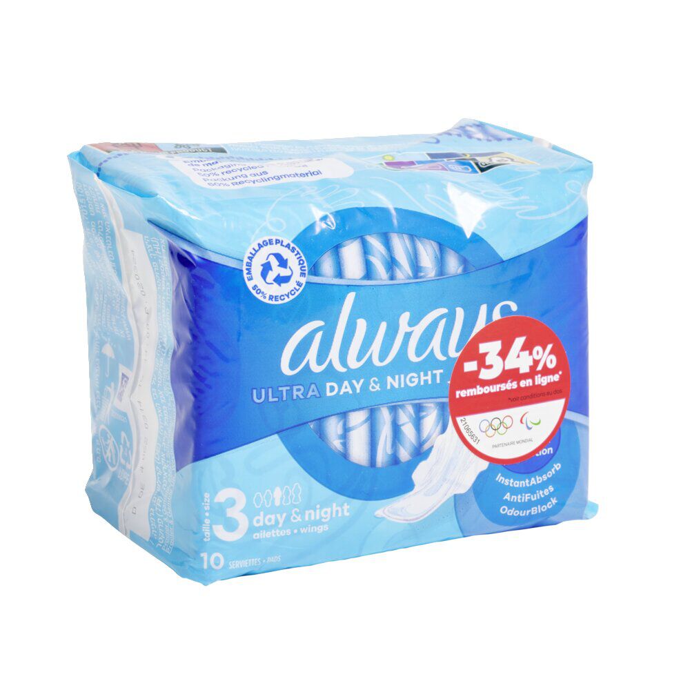 Serviette hygiénique x10 avec ailettes Always ultra jour et nuit