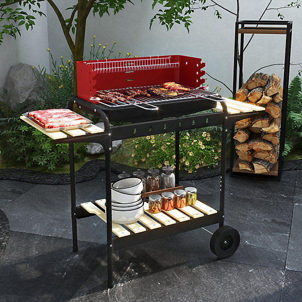 Barbecue à charbon sur pied grille réglable 2 roues 3 étagères récupérateur de cendres rouge